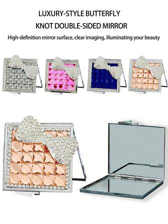 1 pezzo Specchio per trucco pieghevole di alta qualità a doppia faccia, nuovo best seller, specchio compatto di lusso quadrato con fiocco e strass, stile fresco e portatile per camera da letto, viaggio, tascabile, adatto come regalo per parenti, amici, famiglia, fidanzata, economico, riempimento calze natalizie, trucco, accessori per il trucco, roba economica, regali, regali per donne, regali di Natale
