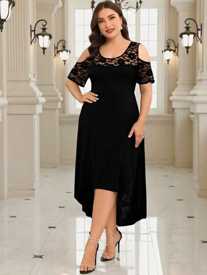 Vestidos largo talla grande para mujer con encaje hombros descubiertos vestido elegantes moda con diseño asimétrico en el dobladillo de fiesta de noche