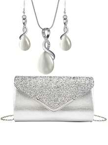 3-częściowy damski elegancki zestaw kopertówek z cekinami, luksusowy naszyjnik z pereł i kolczyki na imprezę lub bankiet