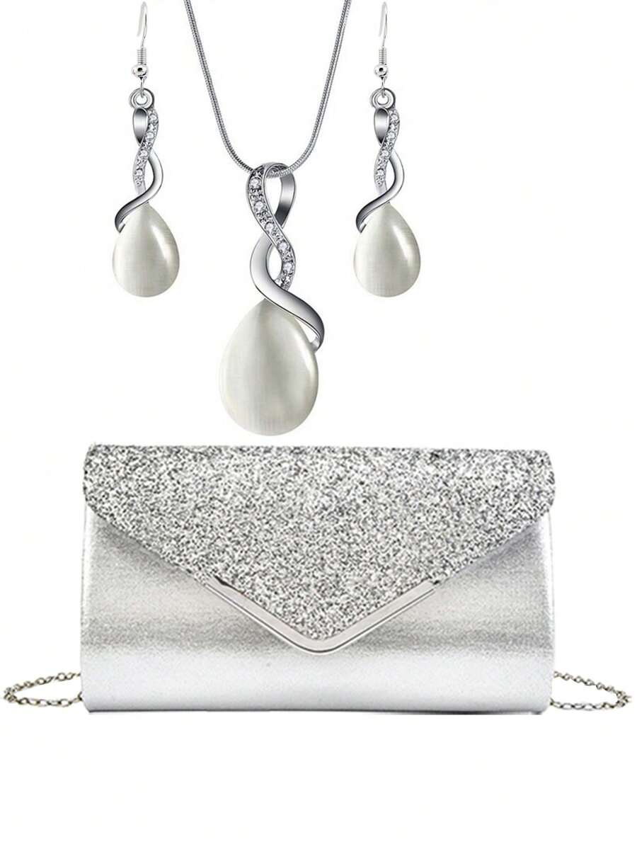3-częściowy damski elegancki zestaw kopertówek z cekinami, luksusowy naszyjnik z pereł i kolczyki na imprezę lub bankiet