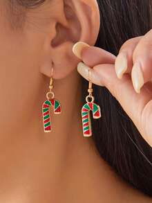 圣诞耳环，卡通条纹圣诞老人拐杖，滴油创意圣诞耳环 - 拐杖耳飾 - 查看 2