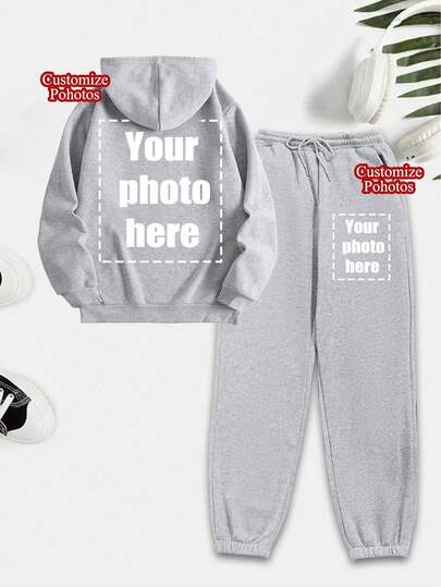 2-Piece Hoodie + Sweatpants Set, Customized Personalized Thanksgiving Gift, Christmas Gift - Customized Women's Sports Sweatshirt, Add Your Own Text/Image (Badge Design/Company Logo/Family Photo/Selfie) To Design Your Own Personalized Printed Sweatshirt, Gift For Girlfriend, Couple Date Shirt, Sports Sweatshirt, Sweatpants Set,