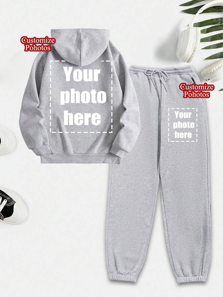 2pcs Set: Hoodie + Sweatpants, Customizable Personalized Thanksgiving/Christmas Gift - Customize Women's Graphic Sweatshirt, Add Your Own Text/Image (Badge Design/Company Logo/Family Photo/Selfie) For Personalized Printed Hoodie, Gift For Girlfriend, Couple Matching, Sportswear Set - Light Grey - View 1