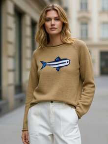 Women's Knit Sweaters Long Sleeve Round Neck Fish Embroidery Pullovers Loose Fit Tops - Army Green - View 2