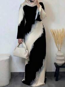 Vestido de longitud media de estilo árabe elegante, de manga larga y cuello redondo, de tela de punto, con estampado abstracto en blanco y negro para mujer