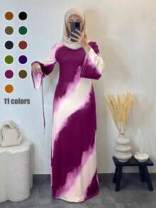 Vestido midi de estilo árabe de moda para mujer, de punto elástico medio, manga larga, cuello redondo, decorado con estampado de teñido anudado para primavera - Rosa Fucsia - Ver 1