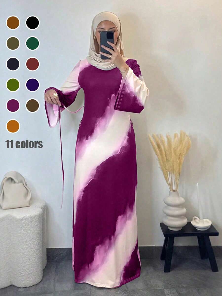 Vestido midi de estilo árabe de moda para mujer, de punto elástico medio, manga larga, cuello redondo, decorado con estampado de teñido anudado para primavera - Rosa Fucsia - Ver 1