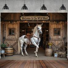 1 件西部牧场背景布，图案为德州牛、锤子、树木和木桶，摄影背景横幅，非常适合生日派对和西部主题活动、派对装饰、西部主题装饰、西部派对装饰、家居花园和客厅装饰。 - 彩色 - 查看 2