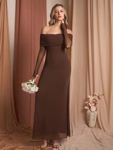 PARTHEA 露肩褶饰亮片网眼长裙 - 棕色 - 查看 7