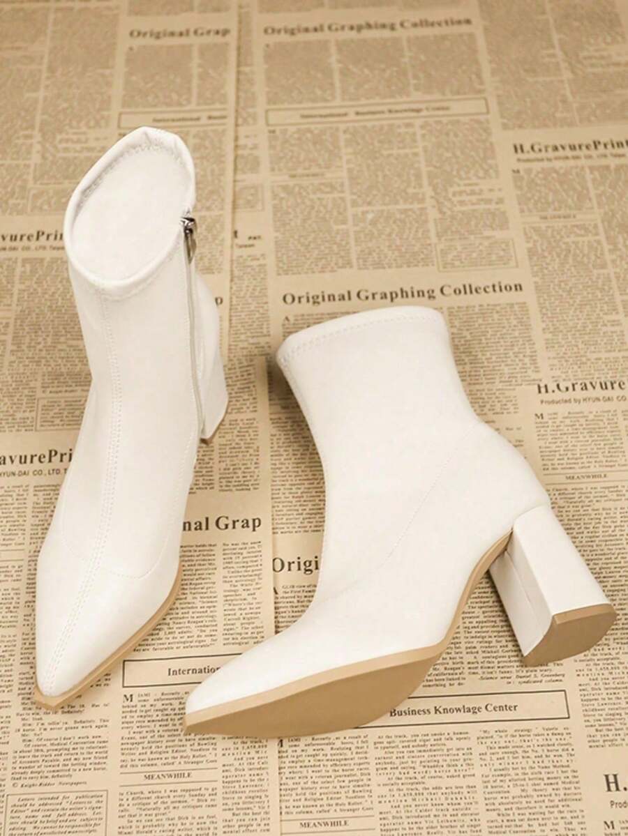 女士时尚优雅尖头粗跟踝靴，百搭侧拉链高跟细靴，适合街头、商务、派对、婚礼、夜总会，女士白色中筒靴