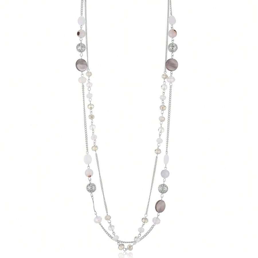Noessla Layered Long Necklaces For Women Crystal Beaded Statement Necklace Sweater Silver Chain With Gifts Box Jewelry{Inchcolor_nameinch:InchWhiteinch} - White - 查看 1