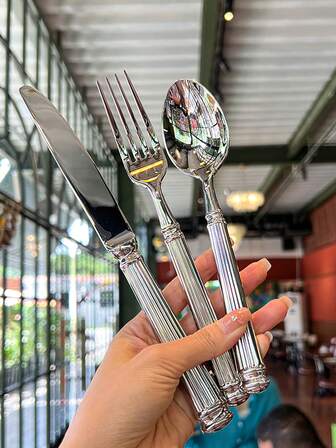 4/16/24pcs Stainless Steel Roman Column Flatware Set, 4-Piece Western Steak Knife Fork Spoon Cutlery Set, Suitable For Home, Kitchen, Restaurant, Party, Wedding, Banquet