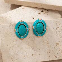 زوج من أقراط الأذن المرصعة بالمينا ذات التصميم الهندسي الأنيق والفيروز الاصطناعي، بطراز رجعي مناسب للنساء للارتداء في الحفلات والمناسبات والمناسبات اليومية