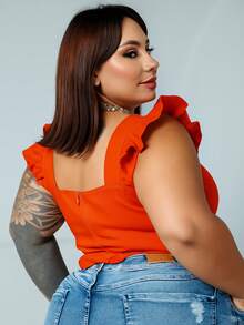 Women's Summer Plus Size Cropped Blouse With Ruffled Sleeves, Button Detail, Back Zipper, Curve Look, Sizes 44 To 54 - Orange - View 2