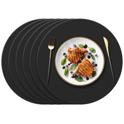 6pcs Round Faux Leather Placemats (33cm), Round Waterproof Double-Sided PU Kitchen/Dining Table Mats, Non-Slip Washable, Suitable For Hotel, Restaurant And Kitchen, Black