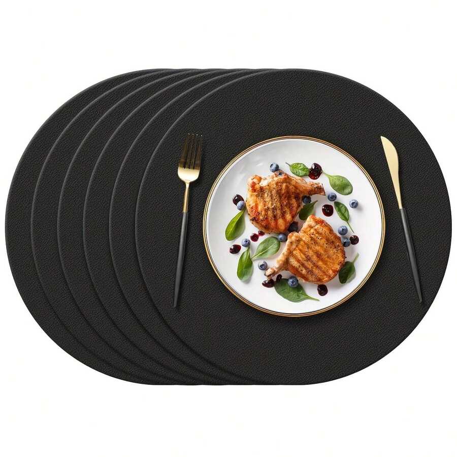 6pcs Round Faux Leather Placemats (33cm), Round Waterproof Double-Sided PU Kitchen/Dining Table Mats, Non-Slip Washable, Suitable For Hotel, Restaurant And Kitchen, Black - Multicolor - View 1