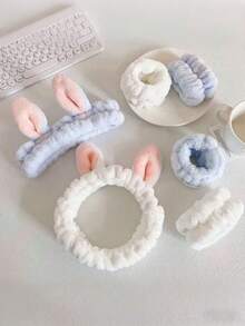 3pcs/Set Cute Rabbit Ears Bathroom Face Washing Set, Soft Plush Cosmetic Headband And Scrunchies, Headband With Ears, Makeup Accessory Set,Face-Washing Tools Are More Effective When Worn In Winter - Multicolor - View 3