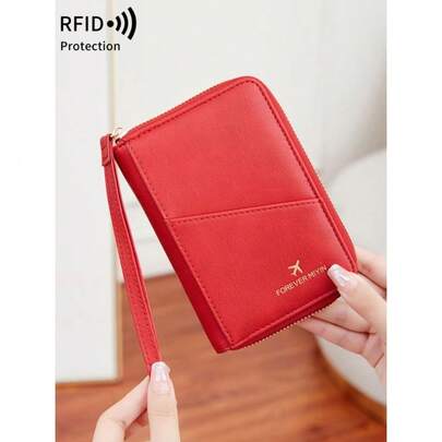Plain RFID Blocking Passport Case & Card Holder, Slim Multi-Functional Zipper Wallet, Travel Essential Organizer