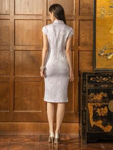 Women's Elegant Mandarin Collar New Chinese Cheongsam: Short Sleeve With Fashionable Side Slit | Perfect Occasions: Formal Events, Grand Galas, Business Banquets, Weddings, High-End Receptions Summer - Dusty Pink - View 2
