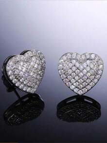 1pair Fashionable Heart Shaped  Stone Stud Earrings, Minimalist Design, Suitable Festivals, Parties, Bestie Gifts, Formal Dress Accessories Or Daily Wear - Bạc - Xem 6
