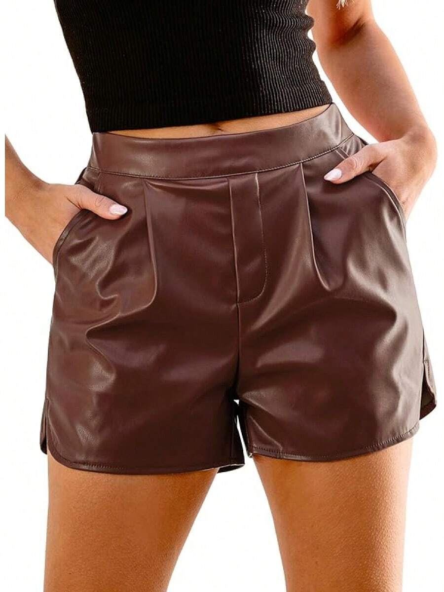 Leather Shorts For Women High Waisted Pleated Wide Leg Stretchy Shorts With Pockets PU Leather Pants - Màu nâu Sô-cô-la - Xem 1