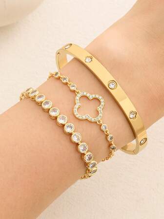 3pcs Stainless Steel Zirconia Flower Jewelry Bracelet Set, Stainless Steel Lucky Four-Leaf Clover Bracelet, Micro-Inlaid Zirconia, Suitable For Women's Parties, Daily Wear, European And American Style, Personalized, Generous, Wedding Jewelry Set, Gift For Girls, Women, Relatives, Friends, Beautiful Wedding, Birthday, Valentine's Day, Mother, Mother's Day