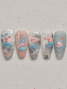 1pc Embossed Lotus Pond Blooming Flowers Dragonfly Koi Fish Boat Press-On Nail Stickers 5D Nail Art Oriental Garden Water Scene Self Adhesive Nails For Women's Elegant DIY Manicure Decals