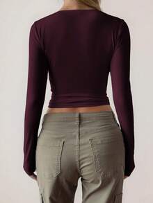 Blusa de mujer Vaiaye de ajuste ceñido, escote en V profundo, manga larga, unicolor, camiseta de punto, adecuada para usar en el Día de San Valentín, casual de primavera - Púrpura - Ver 2