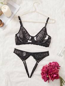 Sexy Black Lace Sheer Seductive Women's Lingerie Set - Black - View 3