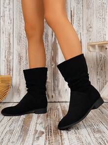 Bottes plates mi-mollet à enfiler mode femme grande taille amincissante pour l'automne/hiver - Noir - Voir 7
