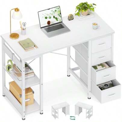 40Inch Computer Desk With 4 Fabric Drawers And 2 Storage ShelvesReversible Office Desk With Headphone Hook And Metal Legs Modern Study Table Suitable For Home Office 100 * 40 * 75.7 White