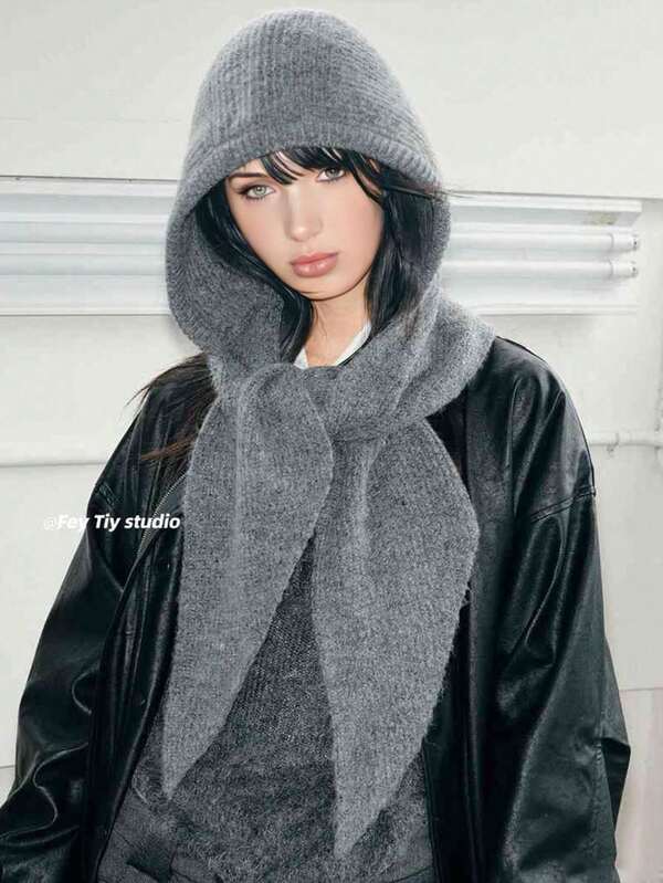 1 pezzo Berretto balaclava da donna di colore unito, cappello lavorato a maglia spesso e caldo con protezione per le orecchie, set elegante e casual retrò di berretto e sciarpa versatile, adatto per uso all'aperto, sci, ciclismo, viaggi, feste, uso quotidiano in autunno/inverno