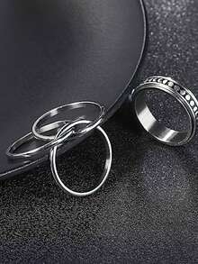 6pcs Stainless Steel Fidget Rings, Complex Moon & Star Spinner Rings For Anxiety Relief, Sensory Jewelry, Non-Plated Design, Fashionable Birthday Gift - 6-piece Men's Ring Set - View 3