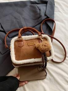 迷你复古女士手提包，时尚百搭，休闲单肩/斜挎包，采用麂皮和羊毛拼接设计，配有毛绒泰迪熊挂饰，适合日常通勤、购物、约会、外出以及作为礼物。（肩带颜色随机） - 棕色 - 查看 11