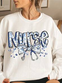 2026 Long Sleeve Tops Women Ladies Round Neck Nurse Bow Sweatshirt Printed Sweatshirt, Long Sleeve Soft Fashion Casual Pullover, Machine Washable, Medium Elasticity, Comfortable Loose Fit Sweater Loose And Comfortable Winter Clothes For Women Plus Size Women Clothes - 白色 - 查看 2