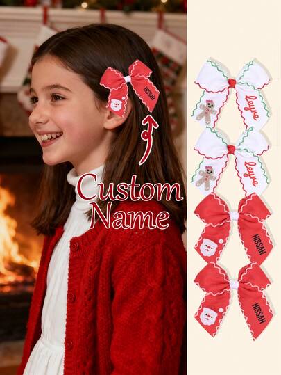 1pc Custom Name Christmas Hair Bow For Girls Santa Claus/Gingerbread Embroidered Personalized Bow Alligator Clip Adorable White/Red Hair Clip Delicate Christmas Customized Barrettes Cute Sweet Holiday Custom Text Hairpin Kids Hair Accessory