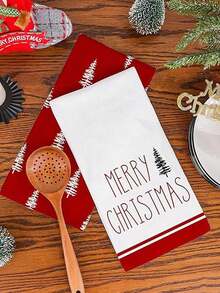 2pcs Christmas Kitchen Towel Set, Merry Christmas Dish Towels, Ultra Soft Polyester Blend, Modern Design, White And Red Christmas Tree Decor,