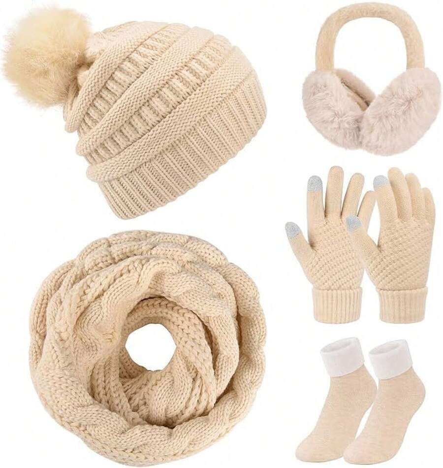 Set de Gorro Bufanda de Punto Invierno con Guantes de Pantalla Táctil Orejeras de Cálida Calcetines de Forro Polar 5 en 1 Conjunto - beige - Ver 1