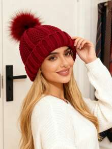 Women's Winter Beanie Hat With Satin Lining And Faux Fur Pom-Pom, Warm Knitted Hats For Women In Winter - Multicolor - View 5