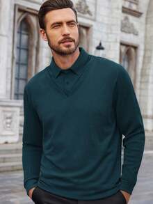 男士长袖条纹Polo衫，适合轻度商务旅行，秋冬季穿着 - 水鴨藍 - 查看 4