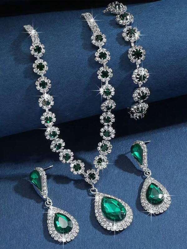 4pcs/Set Fully Rhinestone Flower & Teardrop Pendant Jewelry Set, Crystal Embellished Necklace, Earrings, Bracelet, Versatile Formal Accessories