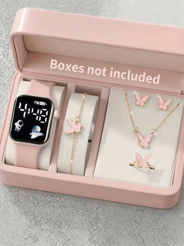 6/1 Stück Mädchen modische und einfache LED Flugzeug Digital Anzeige Elektronische Uhr, geeignet für Mädchen zum Tragen, ausgestattet mit Schmetterling Schmuckset aus Armband, Halskette, Ring, Ohrringe, geeignet für Schüler, sehr passend für den täglichen Gebrauch wie Schule, Partys und Reisen, geeignet als Geburtstagsgeschenk, Abschlussgeschenk, Valentinstag, Weihnachten, es ist das perfekte Geschenk für Mädchen