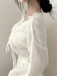 女士抽绳柔软针织毛衣，韩版风格 - 白色 - 查看 3