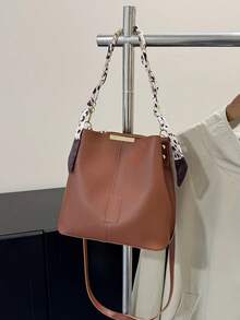 Women's PU Leather Bucket Bag With Chain Decor, Crossbody - Brown - View 7