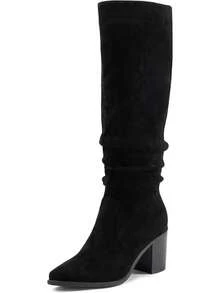 Women's Knee High Chunky Heel Faux Suede Pointed Toe Side Zipper Boots, Athleisure Style - 黑色 - 查看 9