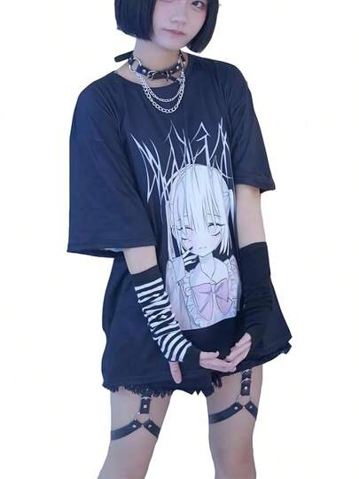 [ZYOOFOV] 地雷系 Ｔシャツ レディース 半袖 ラウンドネック 女の子 プリント 量産型 原宿系 普段着 病み可愛い サブカル系 薄手 ゆったり 大きいサイズ オタク ストリート系 メンヘラ 夏