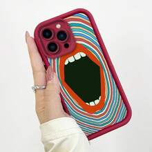 [Teléfono] Compatible con los modelos 16, 15, 14, 13 y 12 Pro, este teléfono presenta un diseño impreso con un patrón de rayas de labios rojos y un ojo en una escalera. - carmesí - Ver 4