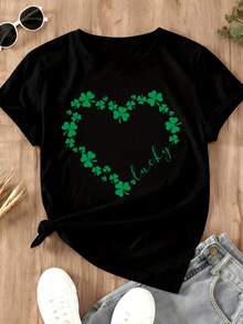 Lucky Shamrock Heart Design White T-Shirt For Women St Patrick's Day Celebration Casual Top - 黑色 - 查看 2