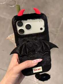 1pc Cute 3D Creative Furry Plus Angel Wings Demon Aura Phone Case Compatible With IPhone 17 Pro Max 16 15 14 13 Pro Max Winter Soft Silicone Back Cover Cartoon Gift - Black - View 3