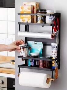 Estante de almacenamiento de cocina de metal multifuncional - Estante de almacenamiento lateral magnético, apto para refrigerador y lavadora - sin necesidad de perforar, acabado negro elegante, organizador de especias montado en la pared, Estante organizador lateral de refrigerador de 1 pieza con ganchos para colgar objetos pequeños adecuado para familias ocupadas y espacios pequeños - Negro - Ver 3